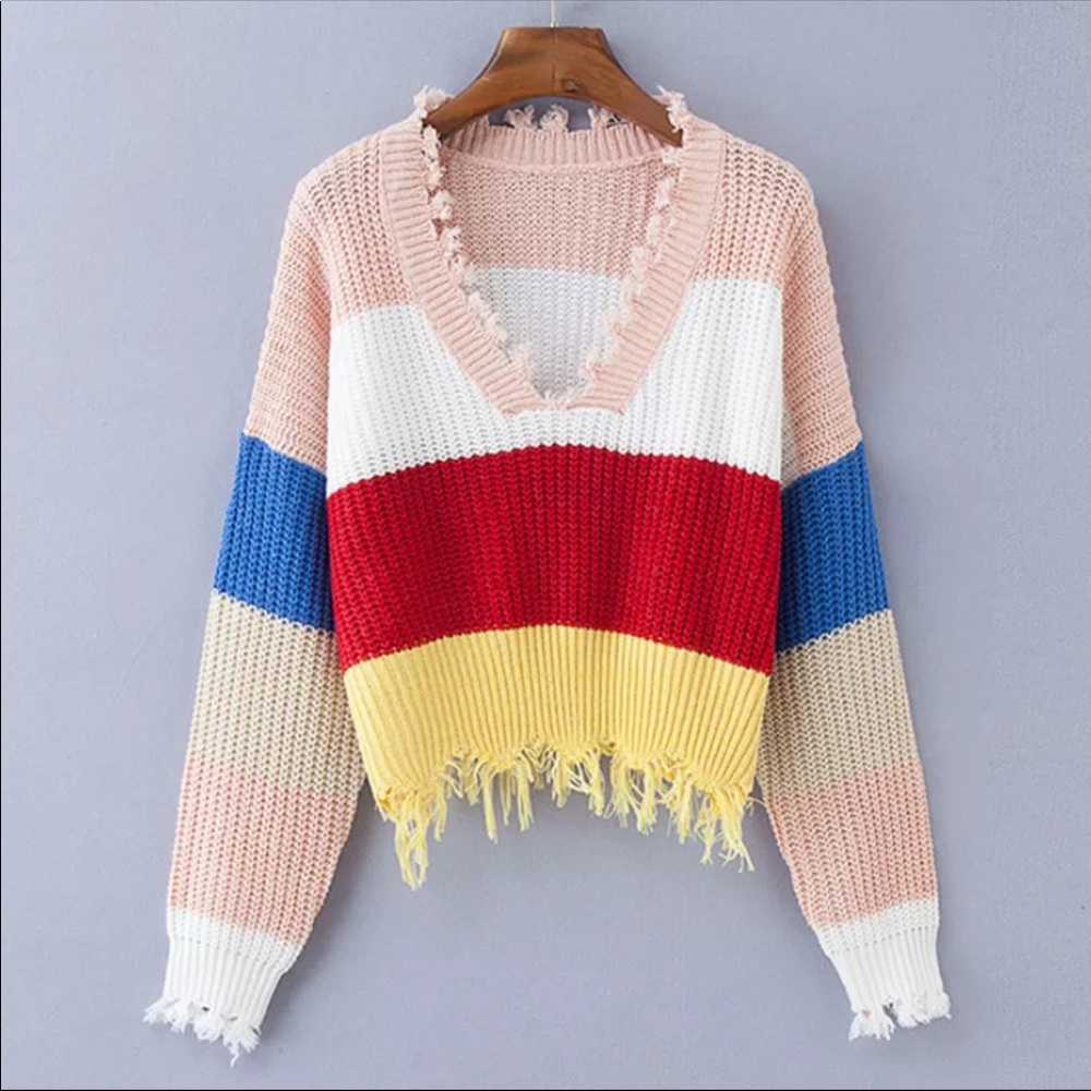 •HP•1 LEFT•Boho Rainbow Fringe Cropped Sweater • - Picture 2 of 7